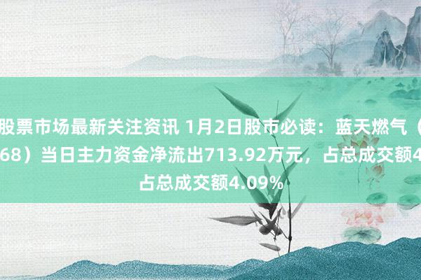 股票市场最新关注资讯 1月2日股市必读：蓝天燃气（605368）当日主力资金净流出713.92万元，占总成交额4.09%