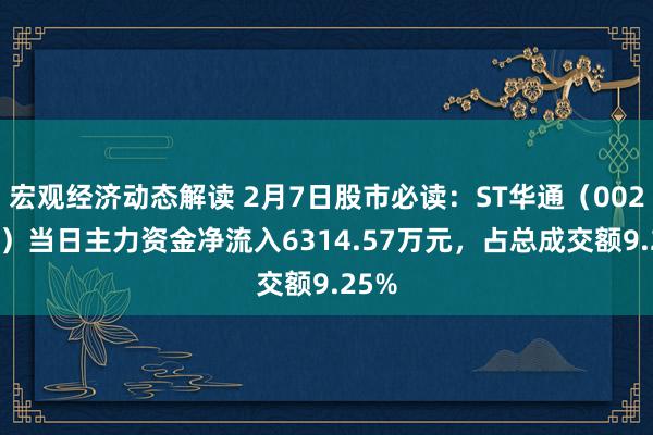 宏观经济动态解读 2月7日股市必读：ST华通（002602）当日主力资金净流入6314.57万元，占总成交额9.25%